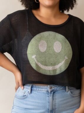 Black Kids Sheer Smiley Face Crop Top - Green Graphic